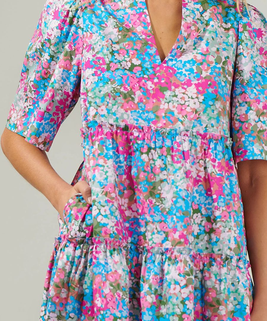 Ruffled V-neck Floral Tiered Mini Dress