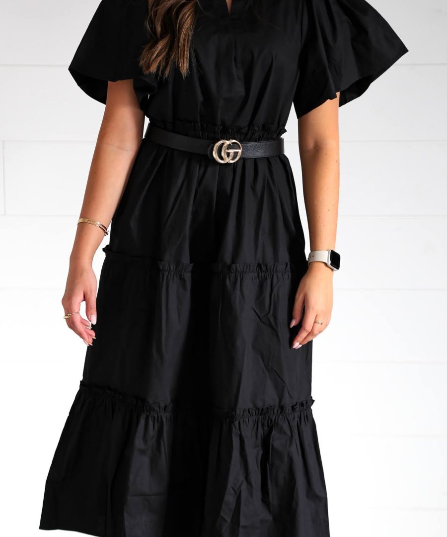 High-collar Puffed Sleeve Tiered Midi Dress