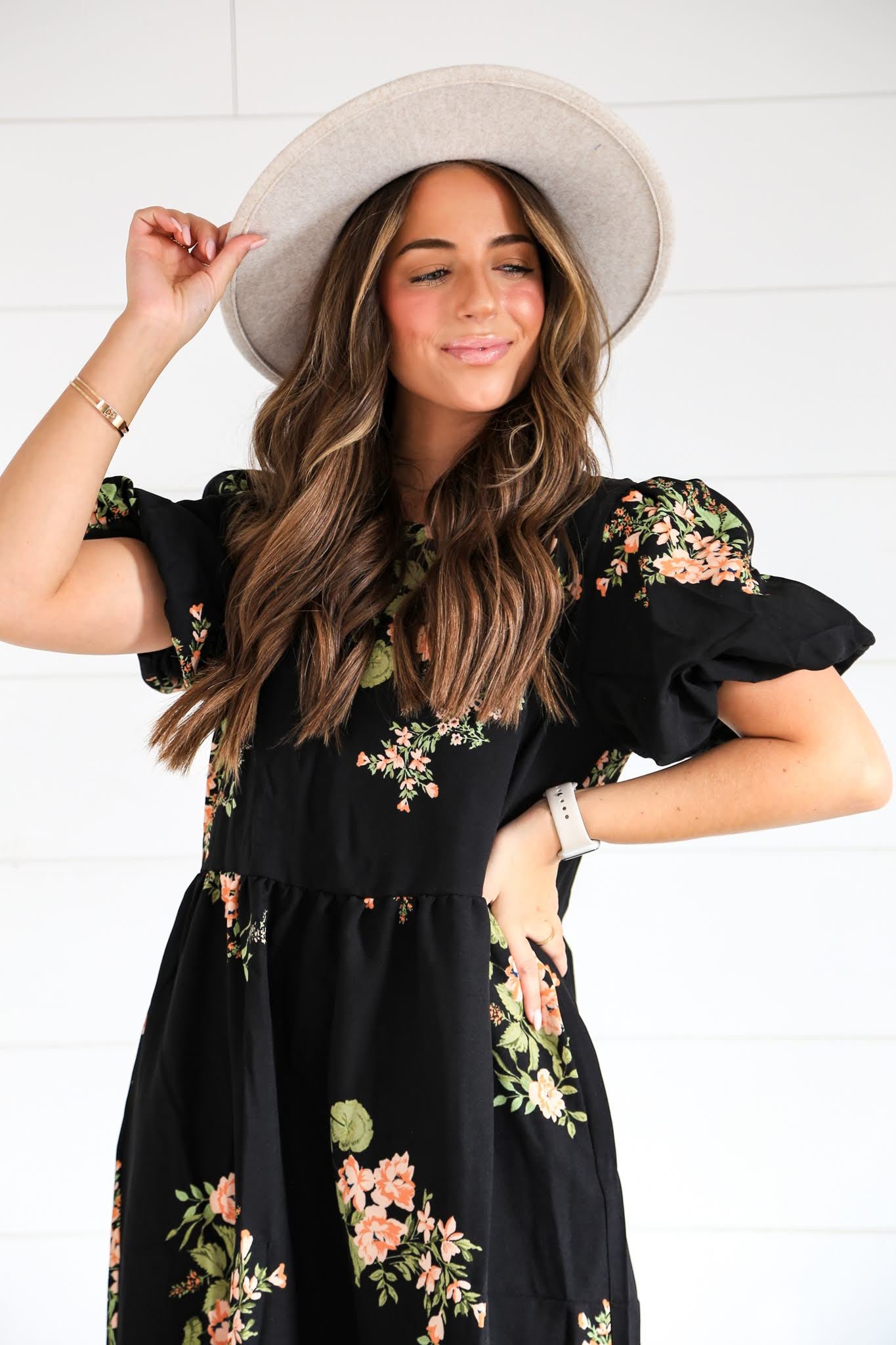 Vintage Floral Print Puffed Sleeve Tiered Midi Dress
