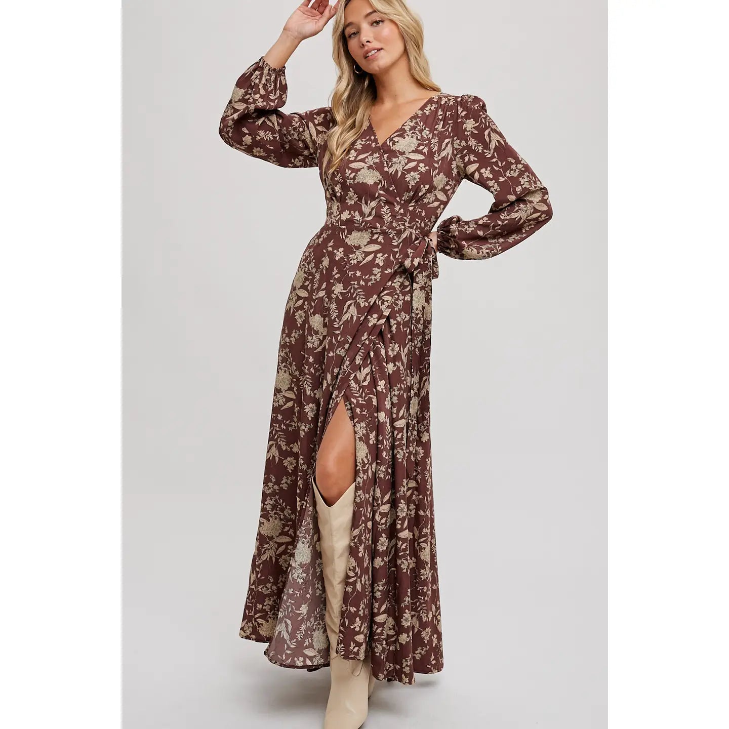 Puffed Sleeve Floral Wrap Maxi Dress - Image 4