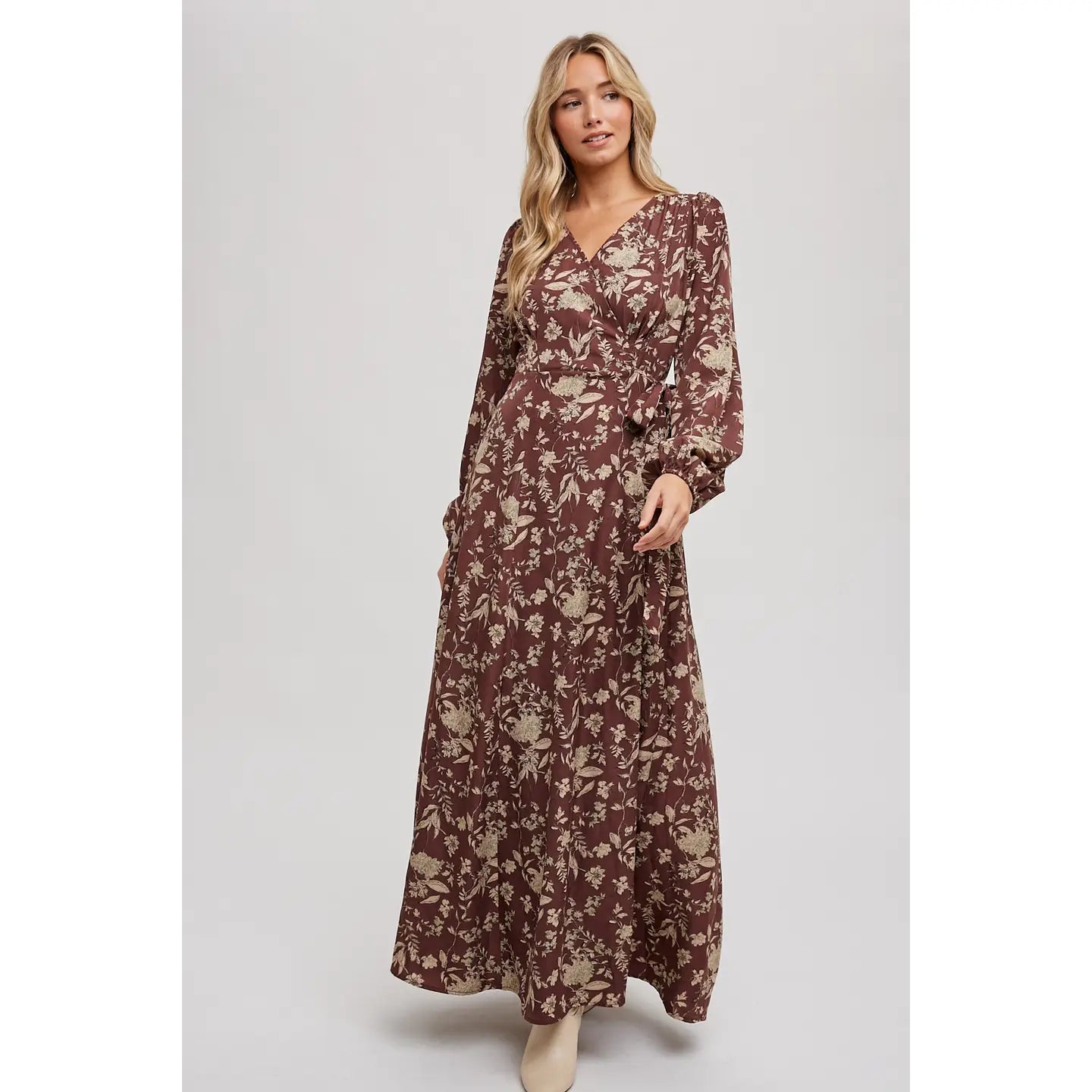 Puffed Sleeve Floral Wrap Maxi Dress - Image 2