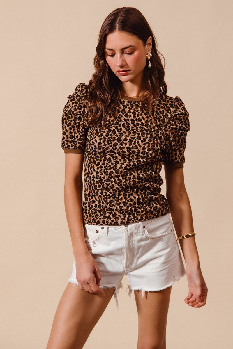 Puffed-shoulder Cropped Leopard-print Knit Top - Image 5