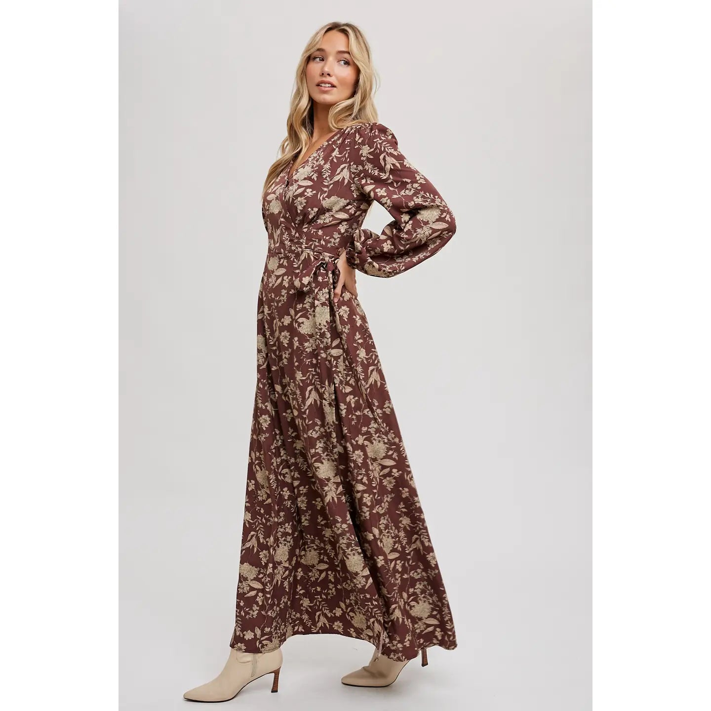 Puffed Sleeve Floral Wrap Maxi Dress - Image 3