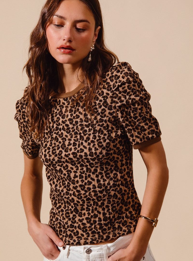 Puffed-shoulder Cropped Leopard-print Knit Top