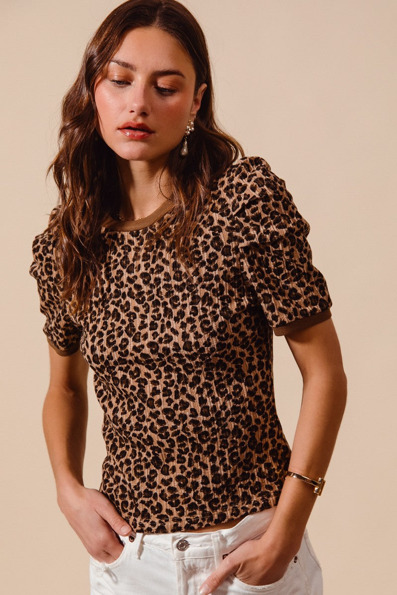 Puffed-shoulder Cropped Leopard-print Knit Top