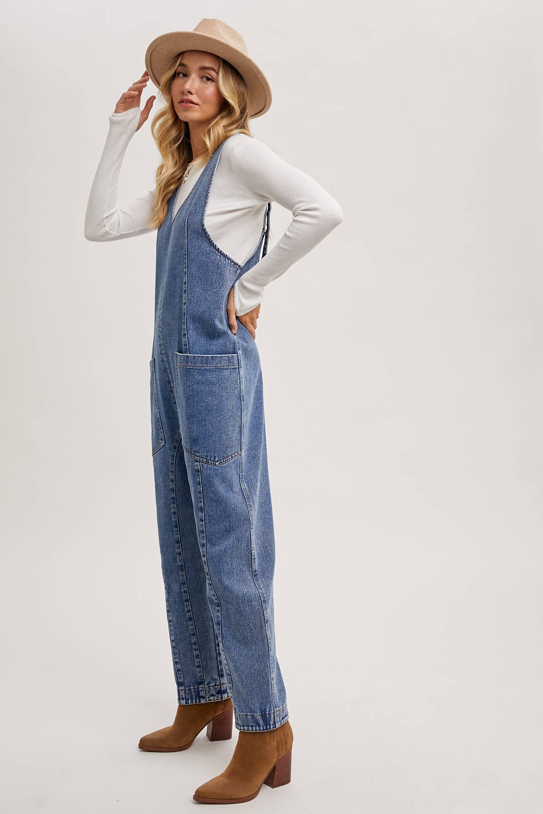 V-neck Adjustable Straps Denim Overalls - Image 8
