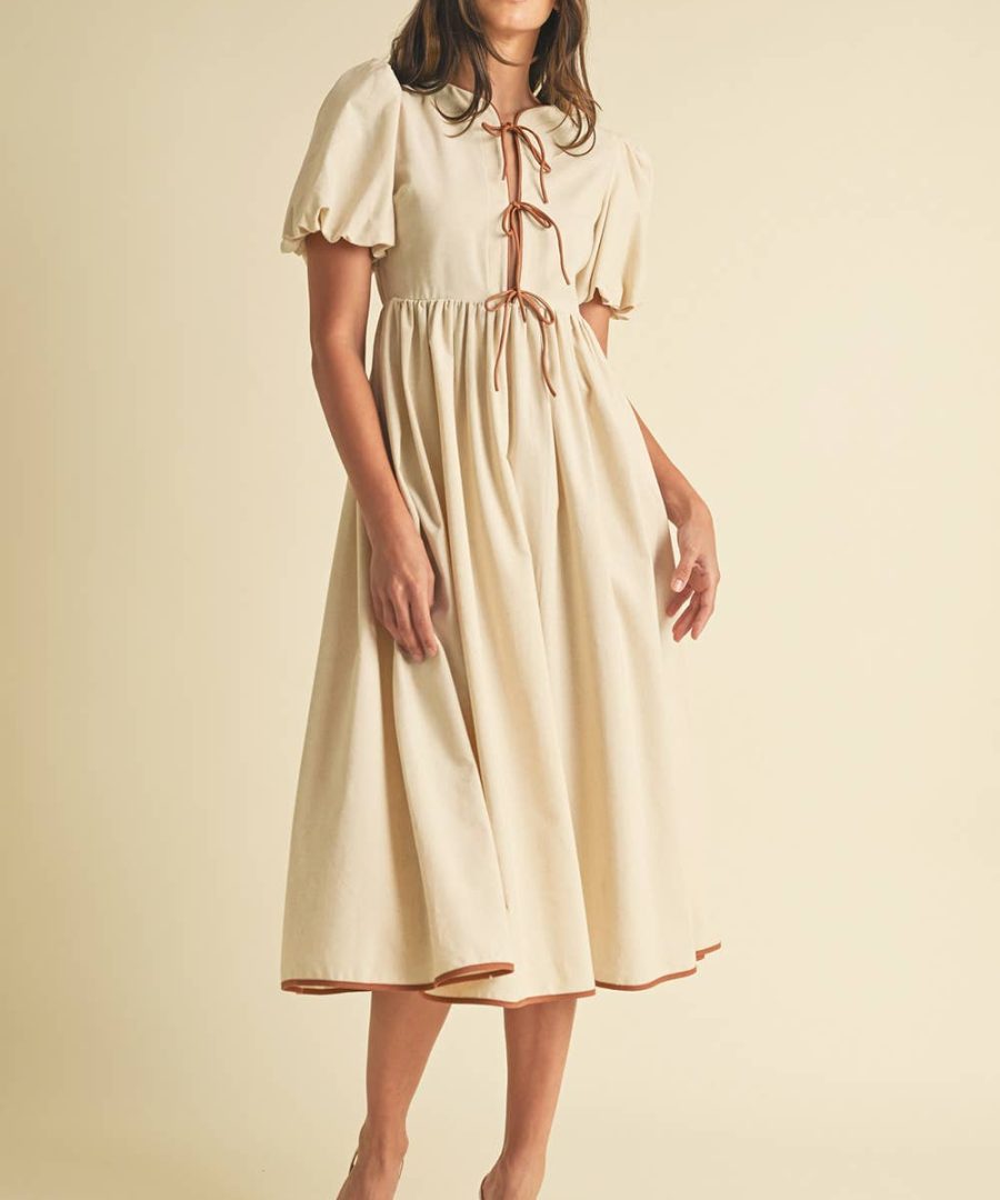 Vintage Puffed-sleeve A-line Midi Dress