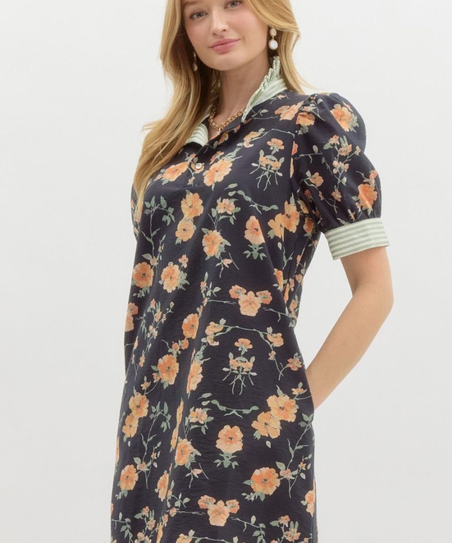 Ruffled-collar Floral Mini Dress