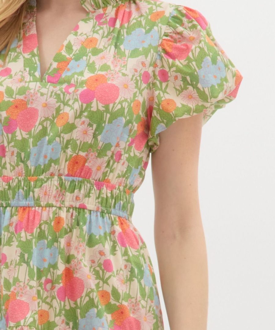 Ruffled V-neck Floral-print Midi Dress