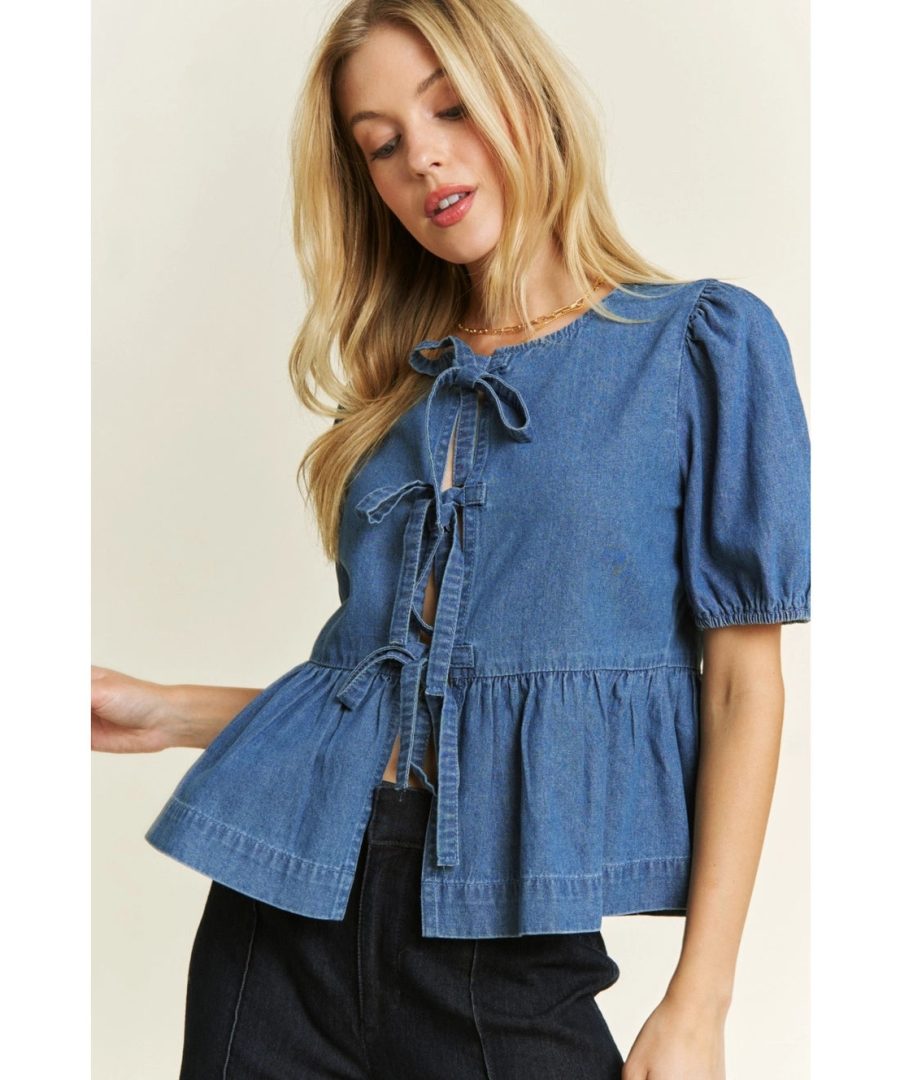 Tie-detailed Puffed Sleeve Denim Peplum Blouse