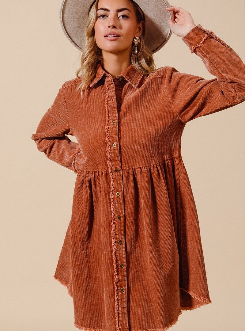 Frayed-trim Bohemian Corduroy Shirt Dress