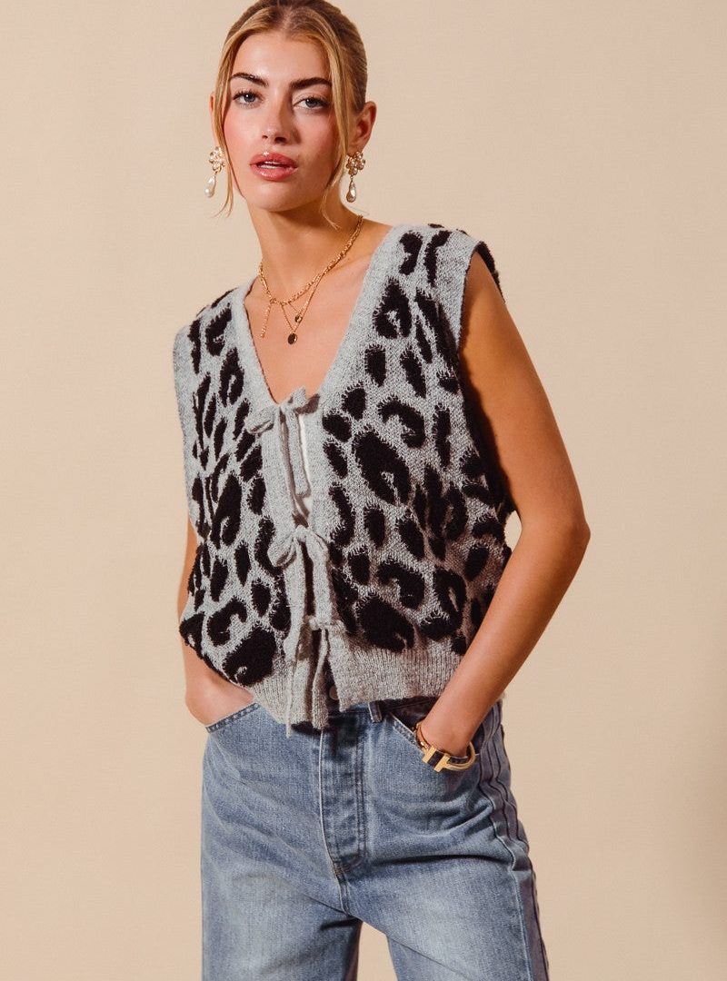 Tie-detailed Leopard-print Cropped Sweater Vest