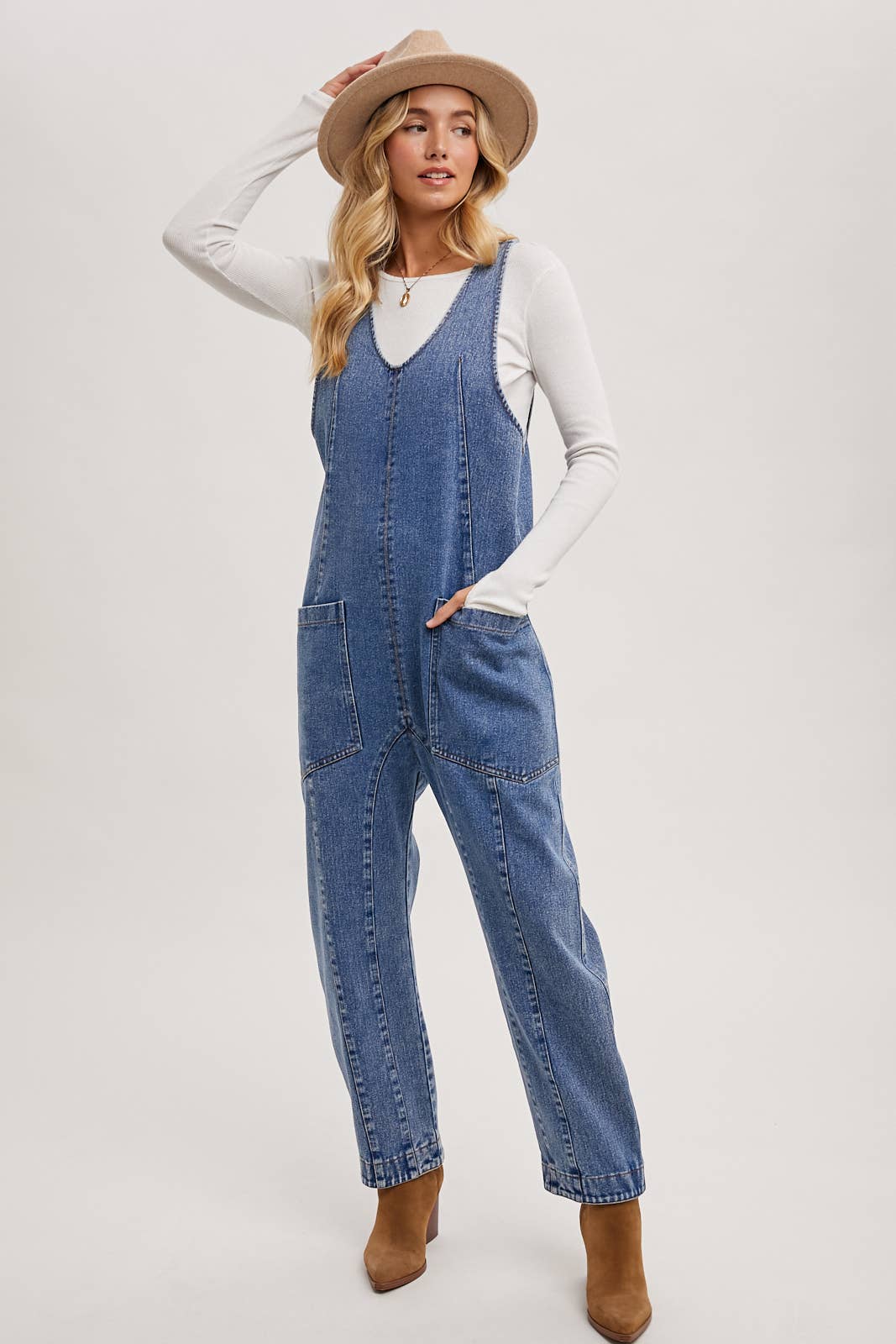V-neck Adjustable Straps Denim Overalls - Image 12