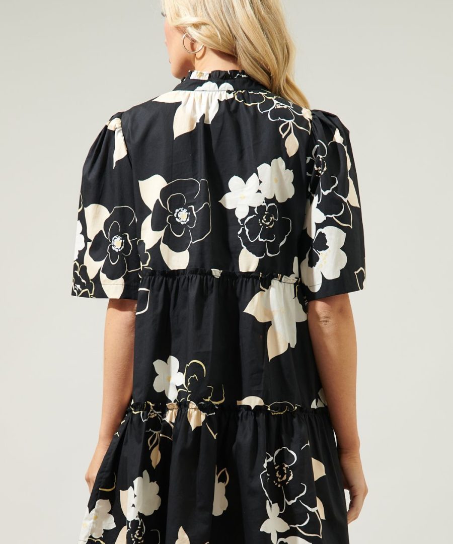 Vintage Floral Tiered Puffed Sleeve Mini Dress
