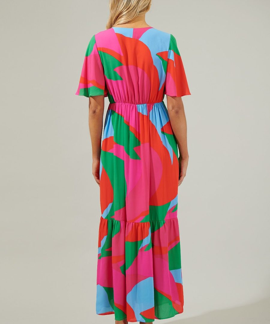 V-neck Flutter Sleeve Abstract Print Tiered Maxi Dress