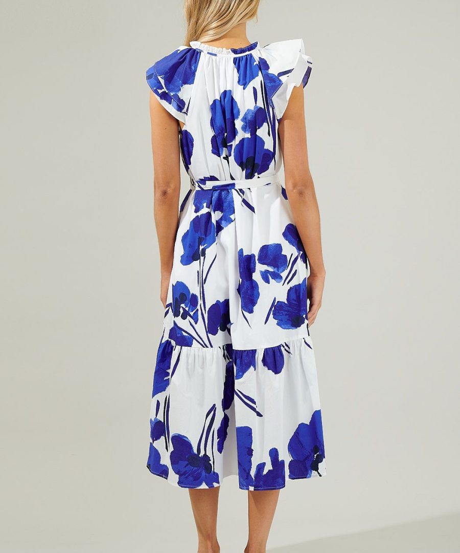 Ruffled V-neck Brushstroke Floral Midi Dress